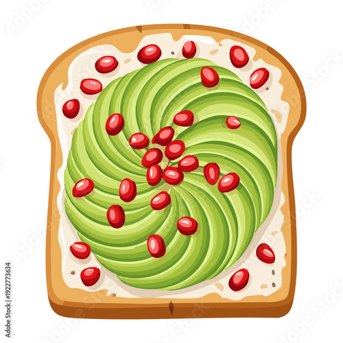 Healthy avocado toast with pomegranate seeds and herb garnish for nutritious vegan breakfast snack meal - Vector Illustration
