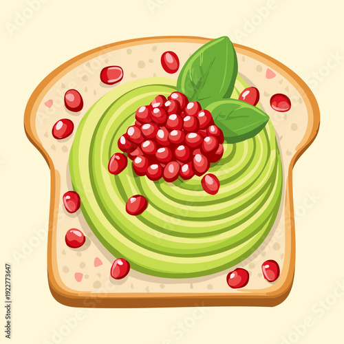 Nutritious avocado toast topped with red berries and seeds for trendy healthy breakfast bakery option - Vector Illustration