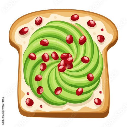 Smashed avocado toast with pomegranate and fresh herbs for elegant healthy vegetarian brunch snack meal - Vector Illustration