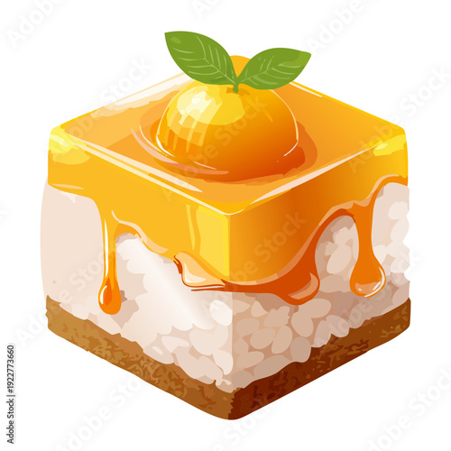 Mango mousse cake with white cream and mint garnish for refreshing summer bakery dessert snack - Vector Illustration