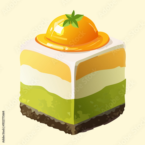 Layered tropical cake with mango glaze and green matcha base for unique fruit dessert snack - Vector Illustration