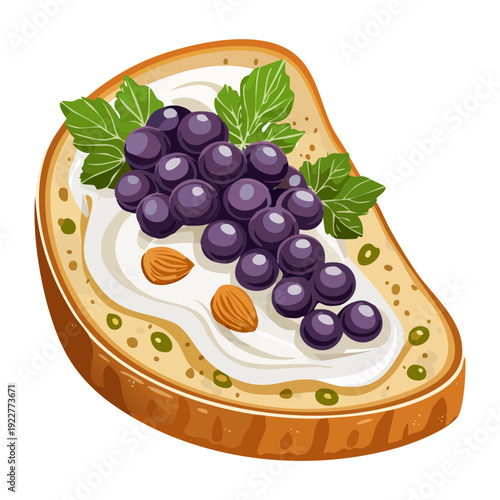 Healthy grape toast with whipped ricotta and nut topping for elegant vegetarian morning breakfast meal - Vector Illustration