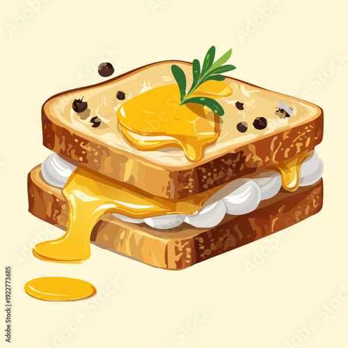 Grilled cheese sandwich with honey drizzle and melted cheddar for unique sweet and savory snack - Vector Illustration