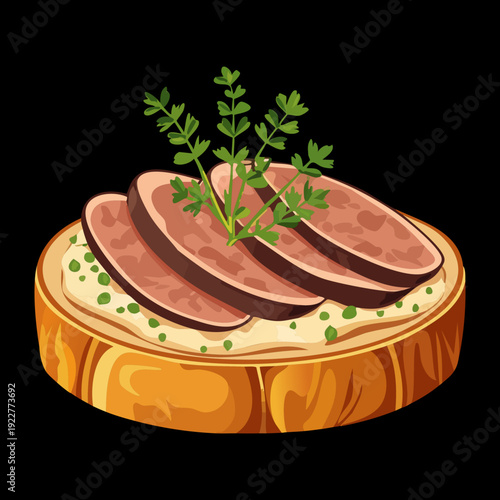 Savory rye bread toast with sliced roast beef and fresh herbs for gourmet protein lunch snack - Vector Illustration