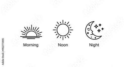Simple line art icons representing morning, noon, and night in a minimalist design style
