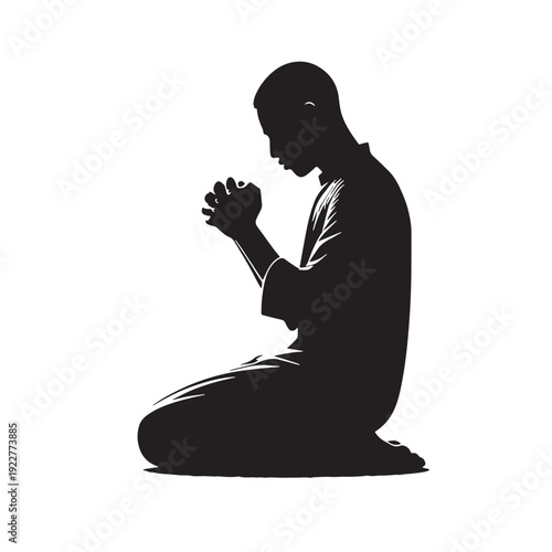 Black Man praying alone night Silhouette Vector, High Quality Illustration on White Background
