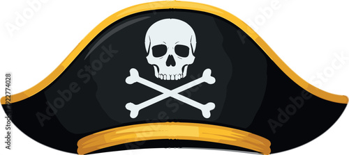 Classic pirate captain hat with skull and crossbones emblem isolated on white background, nautical adventure costume vector illustration design