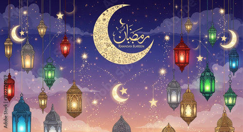 Ramadan Kareem crescent moon and lanterns decoration.