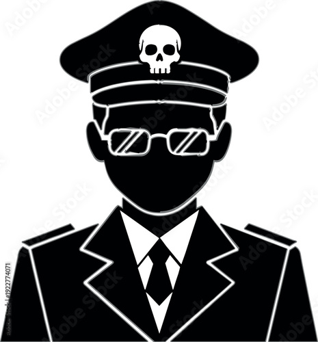 Pirate captain silhouette wearing skull hat and sunglasses isolated on white background, nautical character avatar vector illustration design