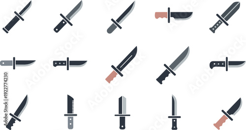 Knife weapon icon set flat vector collection of combat blades and tactical knives isolated on light background