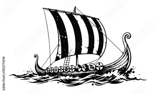 Viking Longship Black and White Illustration on Waves