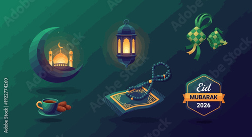 Modern Ramadan Kareem Illustration with Lanterns Crescent Moon Prayer Mat and Islamic Decorative Elements on Dark Gradient Background