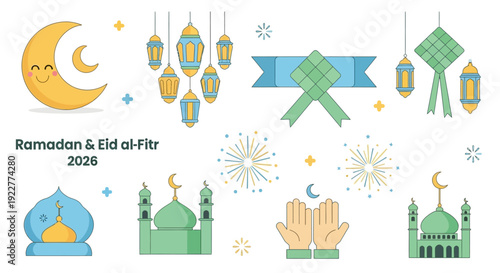 Ramadan and Eid Al Fitr Festive Banner Design with Crescent Moon Lanterns Mosque Skyline and Islamic Celebration Elements