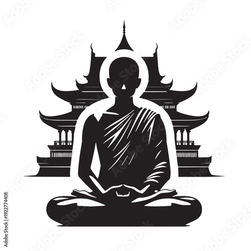 Black Monk meditation temple Silhouette Vector, High Quality Illustration on White Background