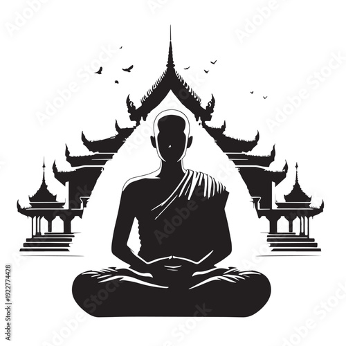 Black Monk meditation temple Silhouette Vector, High Quality Illustration on White Background