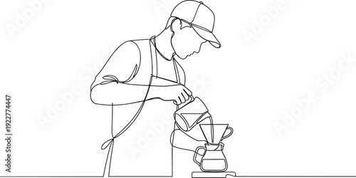 Barista making pour over coffee, continuous line drawing, manual drip brewing process, minimalist vector illustration for cafe concept