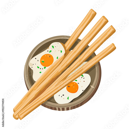 Traditional ramen bowl with fried eggs and wooden chopsticks showing authentic Japanese cuisine and delicious hot noodle soup Vector Illustration
