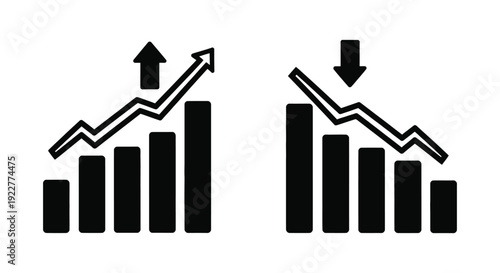 Rising and falling statistical graphs depicted with black bars showing business trends and market fluctuations clearly visible