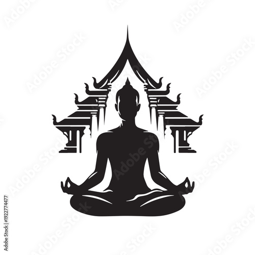 Black Monk meditation temple Silhouette Vector, High Quality Illustration on White Background