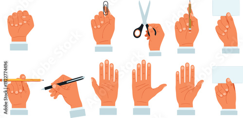 Hand Gestures Vector Set Showing Holding Objects, Writing and Open Palm Positions Isolated Human Hands Collection