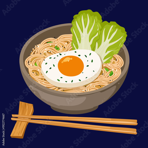 Bowl of hot noodle soup with a fried egg and fresh lettuce leaves for a satisfying asian dinner Vector Illustration