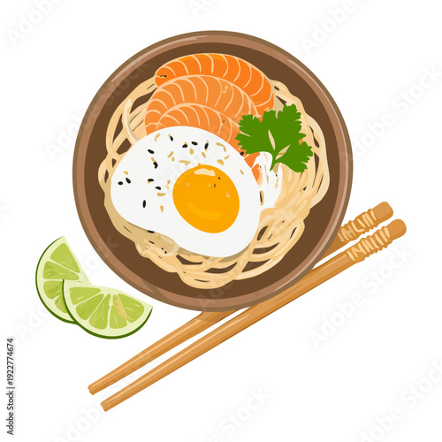 Healthy ramen bowl featuring fresh salmon slices and a fried egg with a hint of lime for flavor Vector Illustration