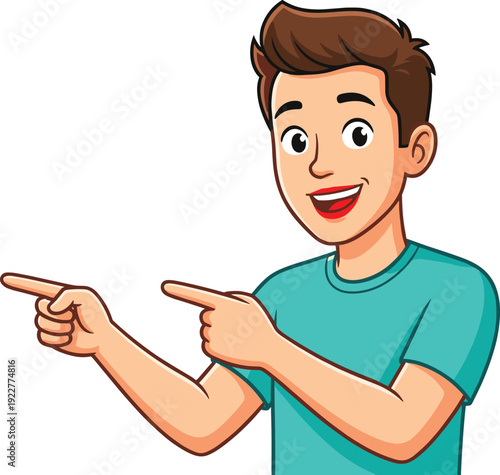 Cartoon boy pointing sideways with both hands, smiling male character illustration isolated on white background, playful gesture concept