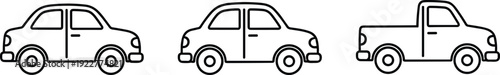 Car and pickup truck outline icons set, simple transportation vehicle line art vector illustration isolated background