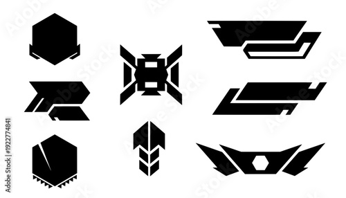 Collection of black futuristic esport stream banners, tech HUD badges, lower thirds, and geometric UI shields for gaming overlays and livestreaming
