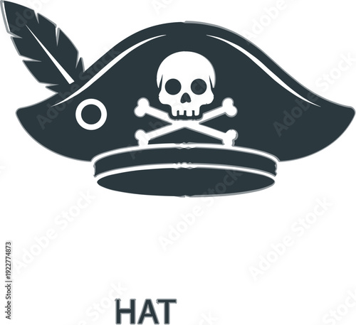 Pirate hat silhouette with skull and crossbones and feather decoration isolated on white background, nautical adventure icon vector illustration