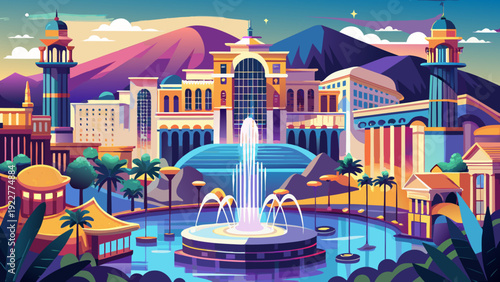 Very beautiful Bellagio in Las Vegas dazzles visitors with its spectacular fountain show, elegant interiors, and refined European inspired luxury on the Strip in Nevada, USA.
