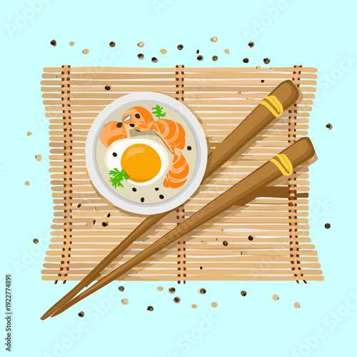 Healthy ramen bowl with eggs and vegetables served on a bamboo mat with striped wooden chopsticks Vector Illustration