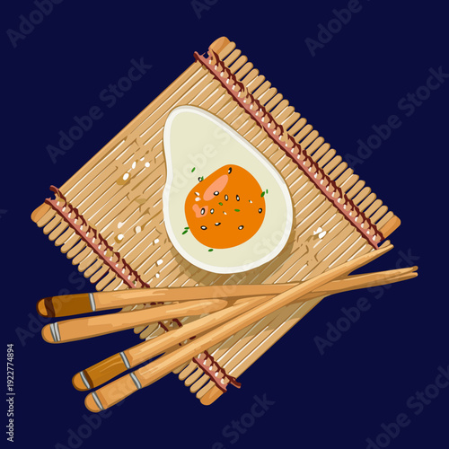 Simple fried egg bowl with chopsticks served on a dark background for a minimalist asian food theme Vector Illustration
