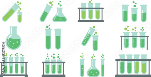 Laboratory chemistry glassware icon set flat vector collection of test tubes and flasks isolated on light background