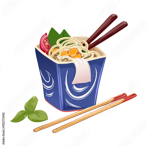 Blue takeout box of ramen noodles with egg and chopsticks for a convenient and tasty meal Vector Illustration