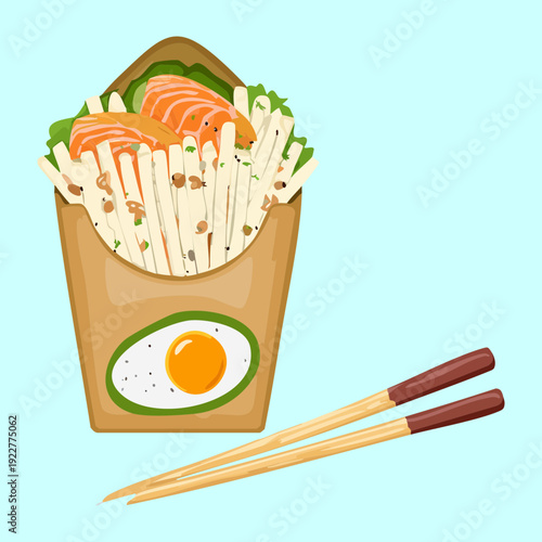 Paper takeout box of noodles with salmon and eggs served with red and white striped chopsticks Vector Illustration