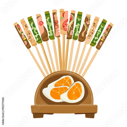 Artistic plate of rolls with many chopsticks sticking out for a decorative and unique meal presentation Vector Illustration