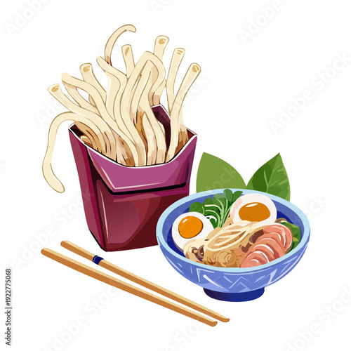 Purple takeout box of noodles with eggs and steam for a warm and convenient asian meal Vector Illustration