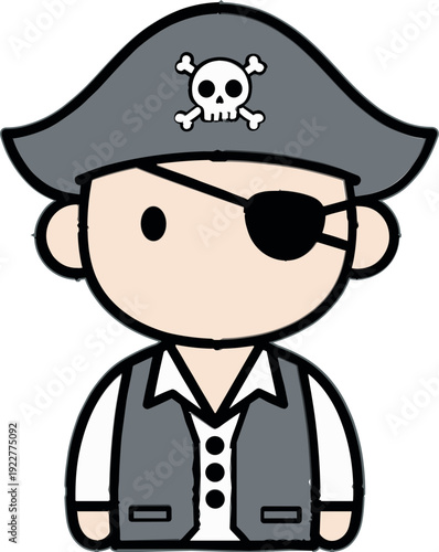 Cute cartoon pirate character with eyepatch and skull hat isolated on white background, kids nautical adventure mascot vector illustration