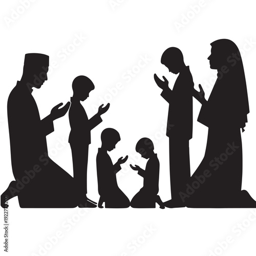 Black Muslim family prayer together Silhouette Vector, High Quality Illustration on White Background