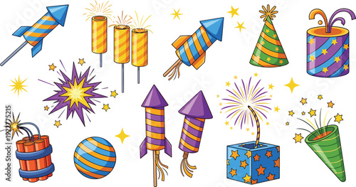 Colorful Fireworks and Party Crackers Vector Set with Rockets, Sparklers and Celebration Elements Isolated Festive Collection