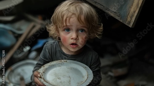 Portrait of a poor homeless toddler with dirty face begging for food amid ruins