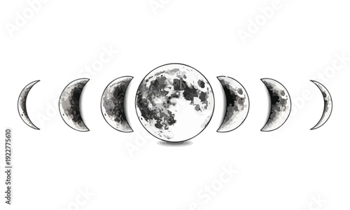 Moon Phases Cycle Illustration in Black and White Stippling Art