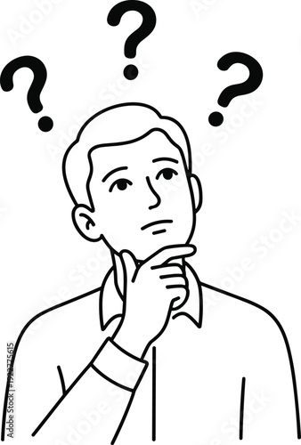 Confused young man thinking with question marks, black and white line art illustration of doubt uncertainty and problem concept