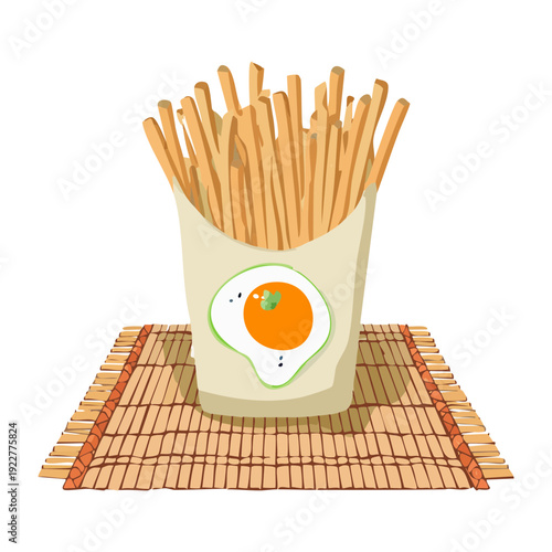 Paper takeout box of noodles with egg served on a bamboo mat with chopsticks for delivery Vector Illustration