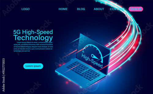 5G High-Speed Internet Technology Concept with Speedometer Dashboard and Neon Data Stream – Ultra Fast Wireless Network Connection