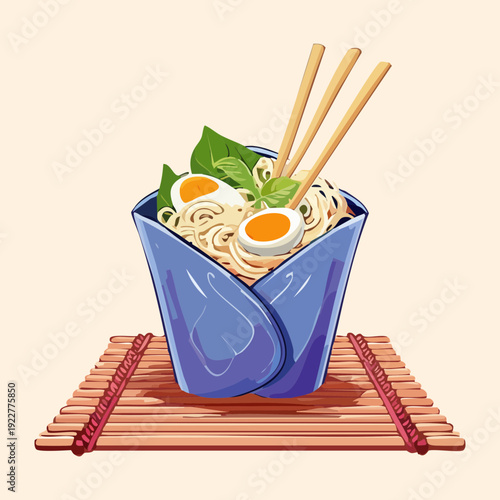 Blue takeout box of noodles with egg and many sticks for a creative and tasty asian meal Vector Illustration