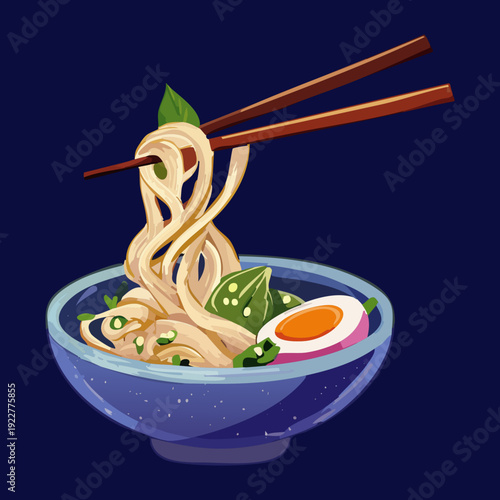 Simple takeout box of noodles with egg and chopsticks served on a rustic bamboo mat for lunch Vector Illustration