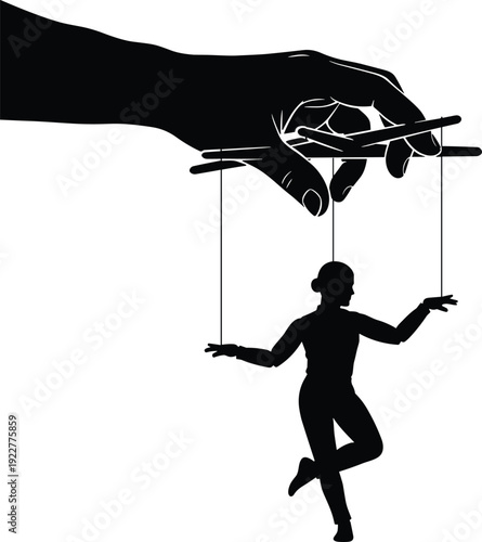 Puppet Manipulation Concept Vector Silhouette with Hand Controlling Marionette Isolated Symbol of Control and Influence