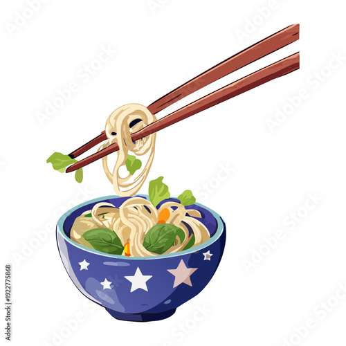 Blue takeout container of noodles with many chopsticks and fresh herbs for a tasty asian snack Vector Illustration
